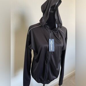 Tri Sirena light weight zipped hoodie. Loose fitting. Black. Size XS. New + Tags
